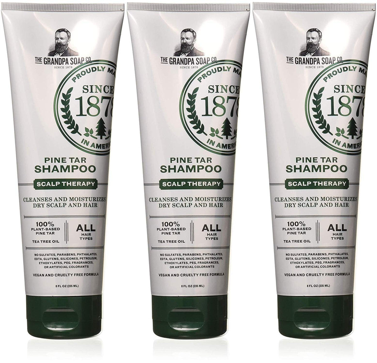 Grandpa's Pine Tar Shampoo 3-pack bottle supports balanced scalp hydration.