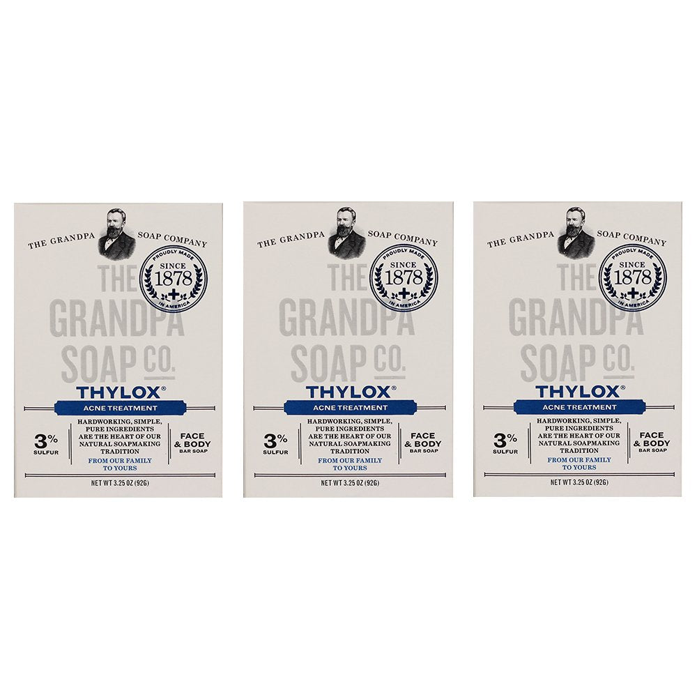 Grandpa's Thylox acne treatment soap bar, front view, for gentle pore cleansing with sulfur.