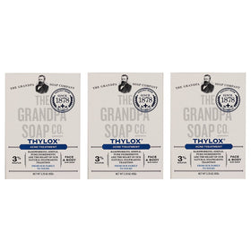 Grandpa's Thylox acne treatment soap bar, front view, for gentle pore cleansing with sulfur.