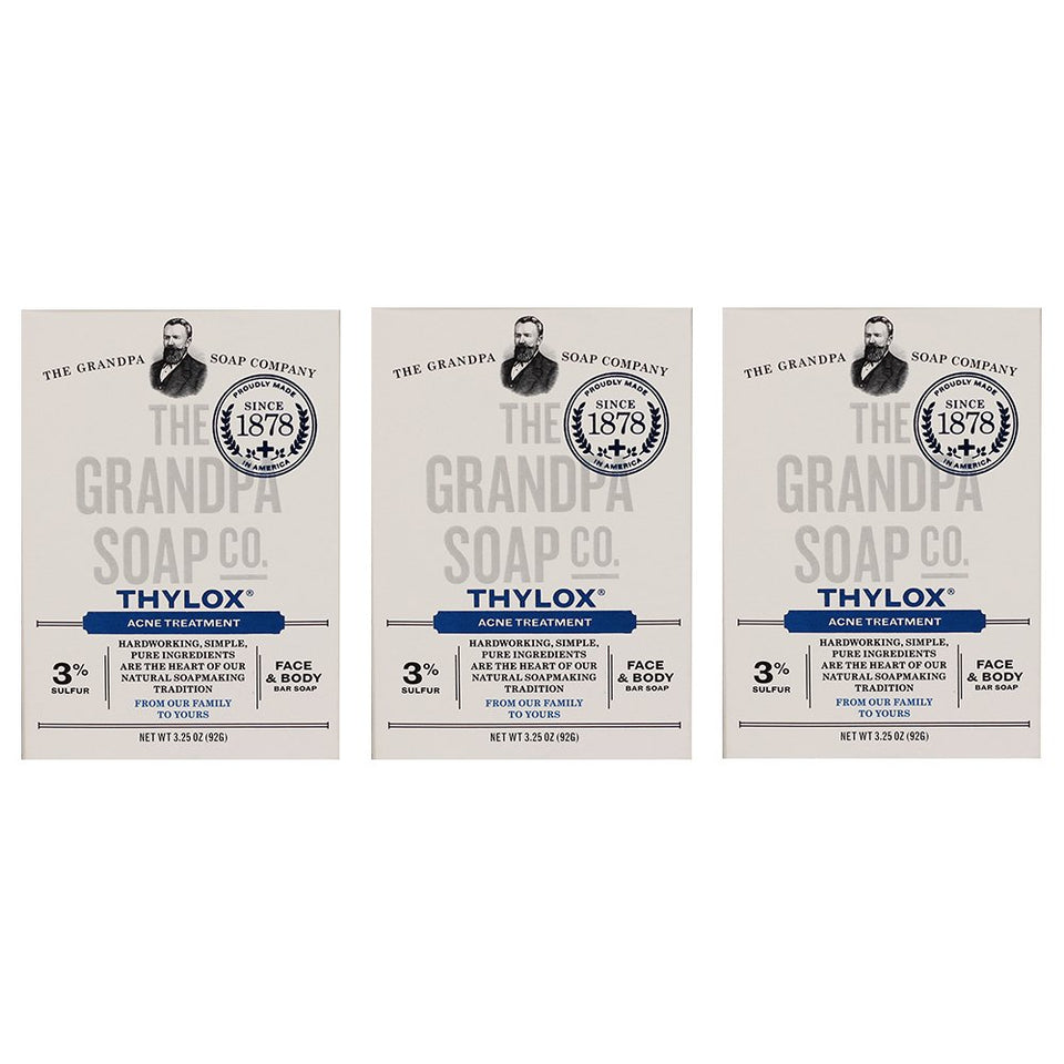 Grandpa's Thylox acne treatment soap bar, front view, for gentle pore cleansing with sulfur.