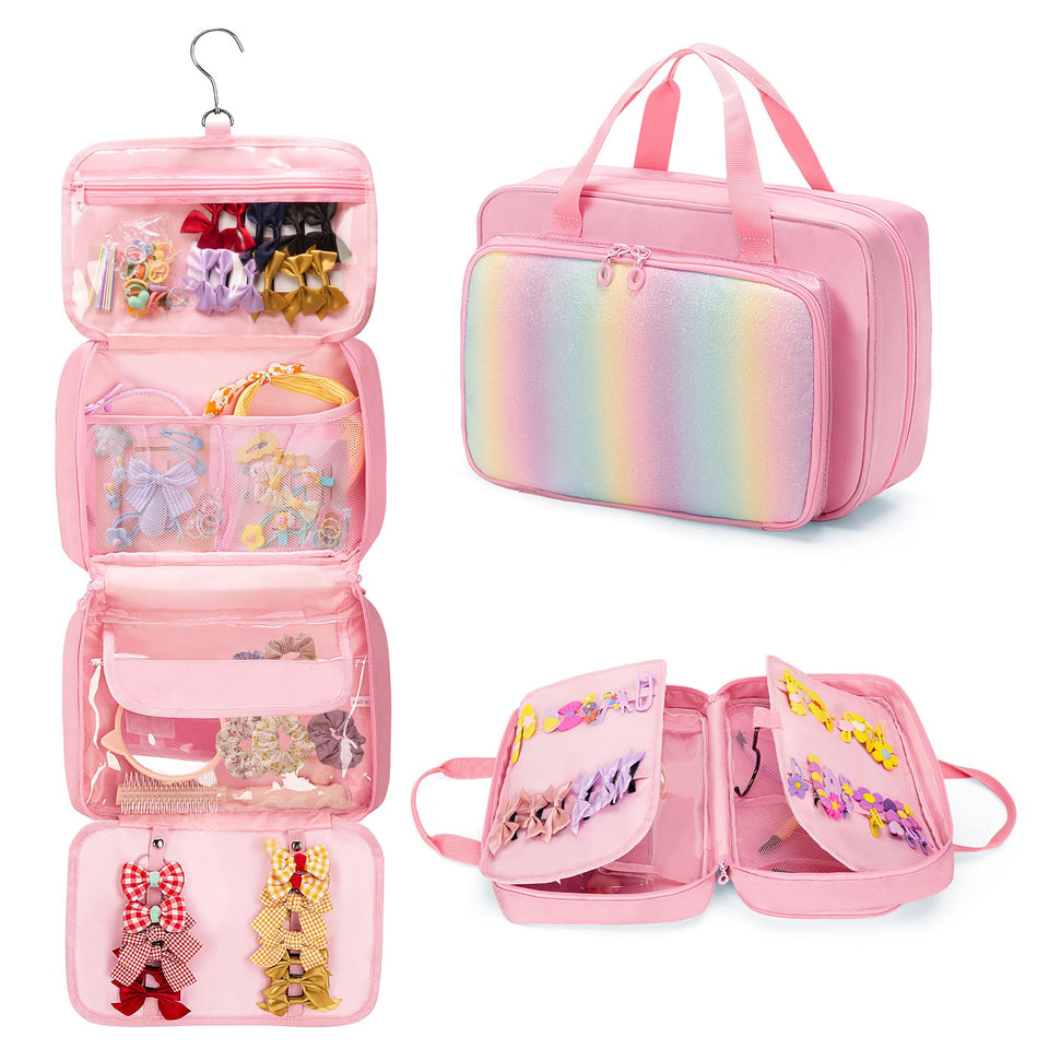 GRAOSO hanging organizer in pink bag, open view shows roomy compartments for clips and ties.