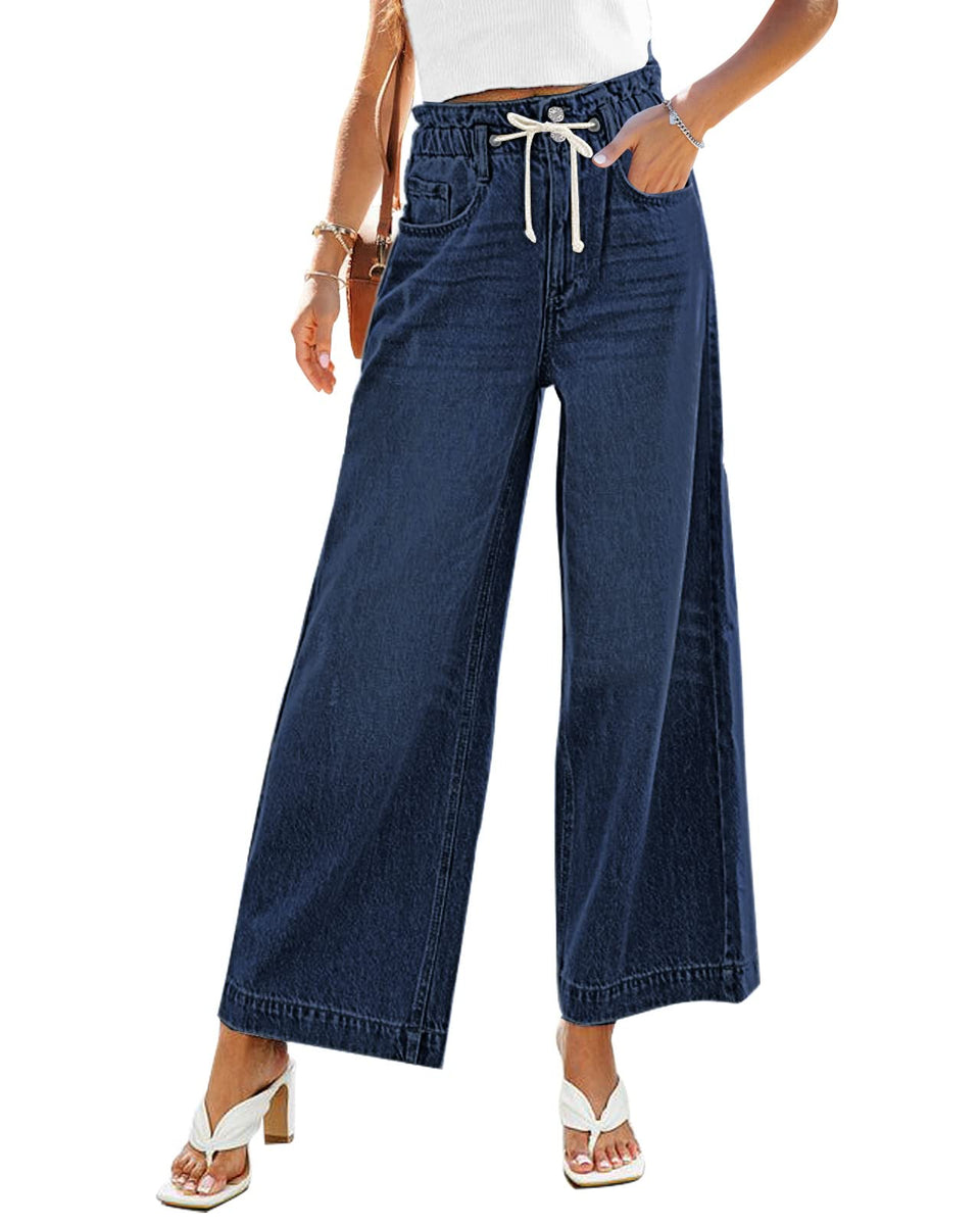 GRAPENT women's high-waisted baggy jeans front view in Lapis Loft, flattering wide-leg silhouette.