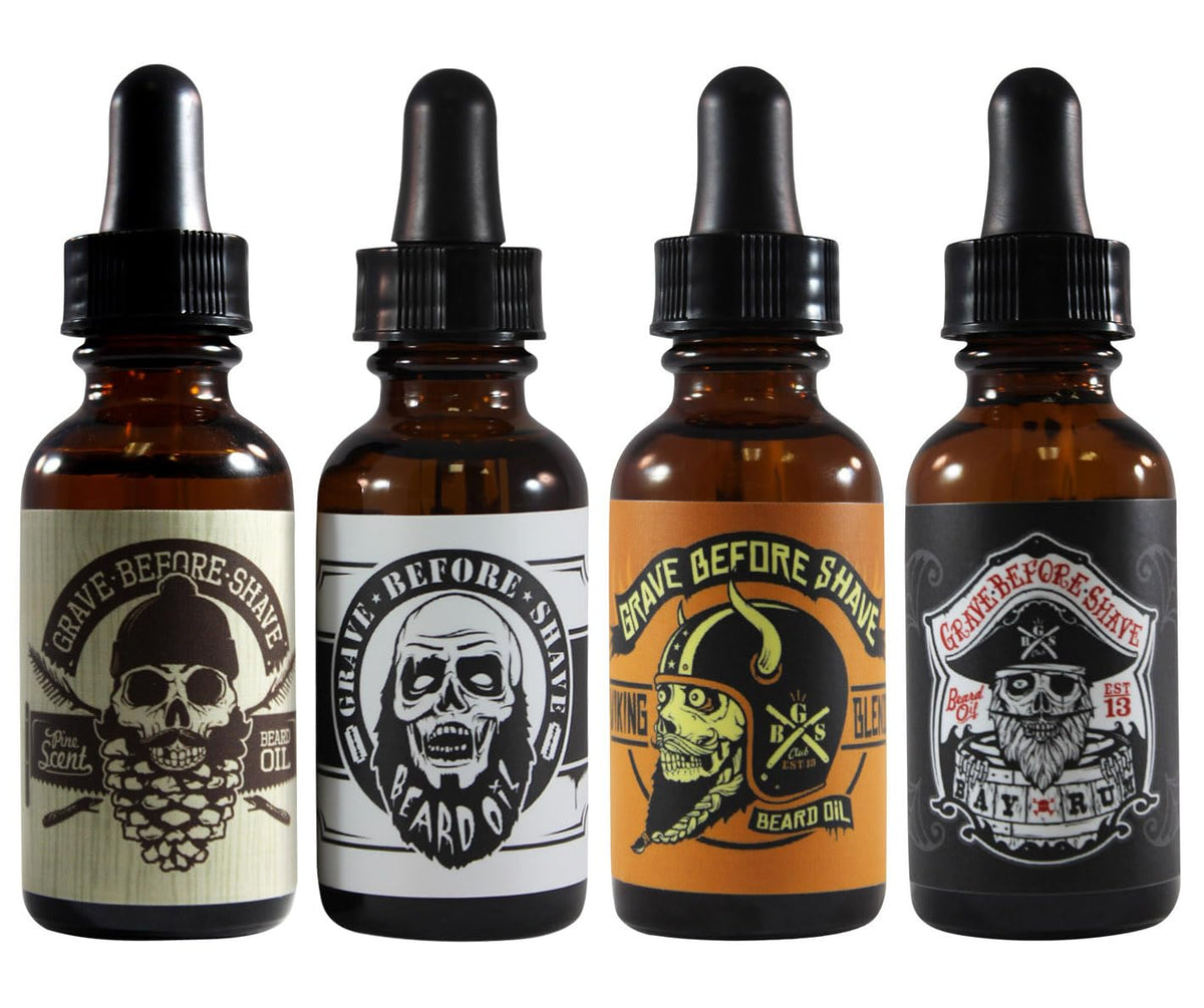 Grave Before Shave beard oil 4-pack bottle shows four styles for healthier shine.
