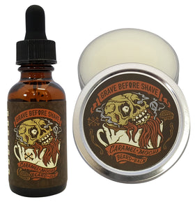 Grave Before Shave Caramel Mocha Beard Balm tin for grooming and flyaway control.