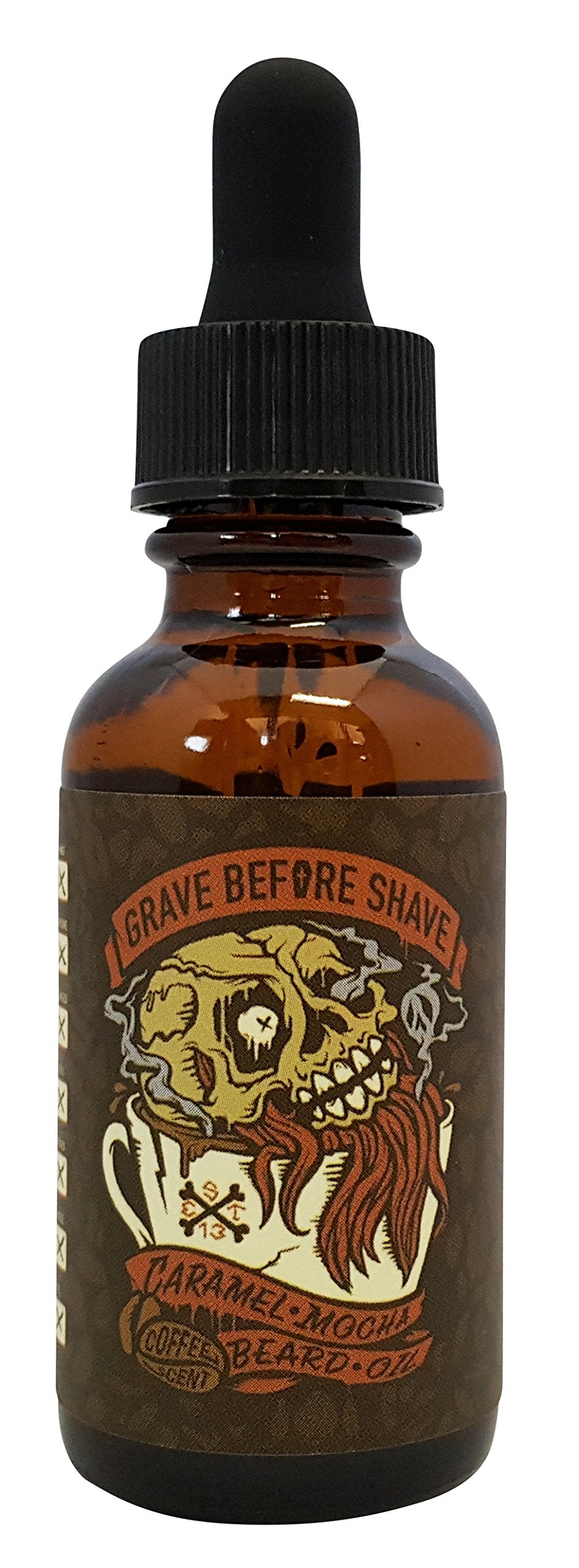 Close-up of Grave Before Shave Caramel Mocha scent application on beard.