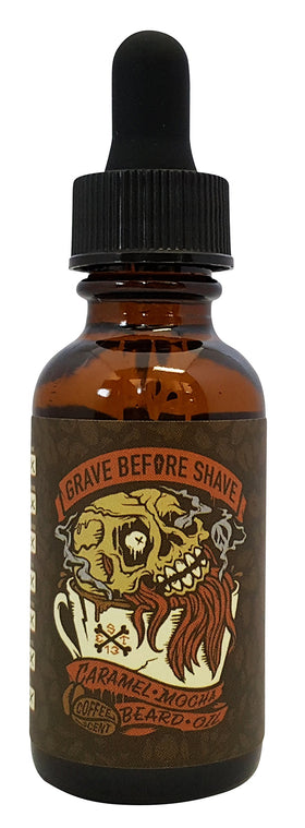 Close-up of Grave Before Shave Caramel Mocha scent application on beard.
