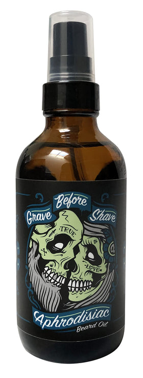 Grave Before Shave leather-cedarwood beard oil bottle with pump for easy daily grooming.