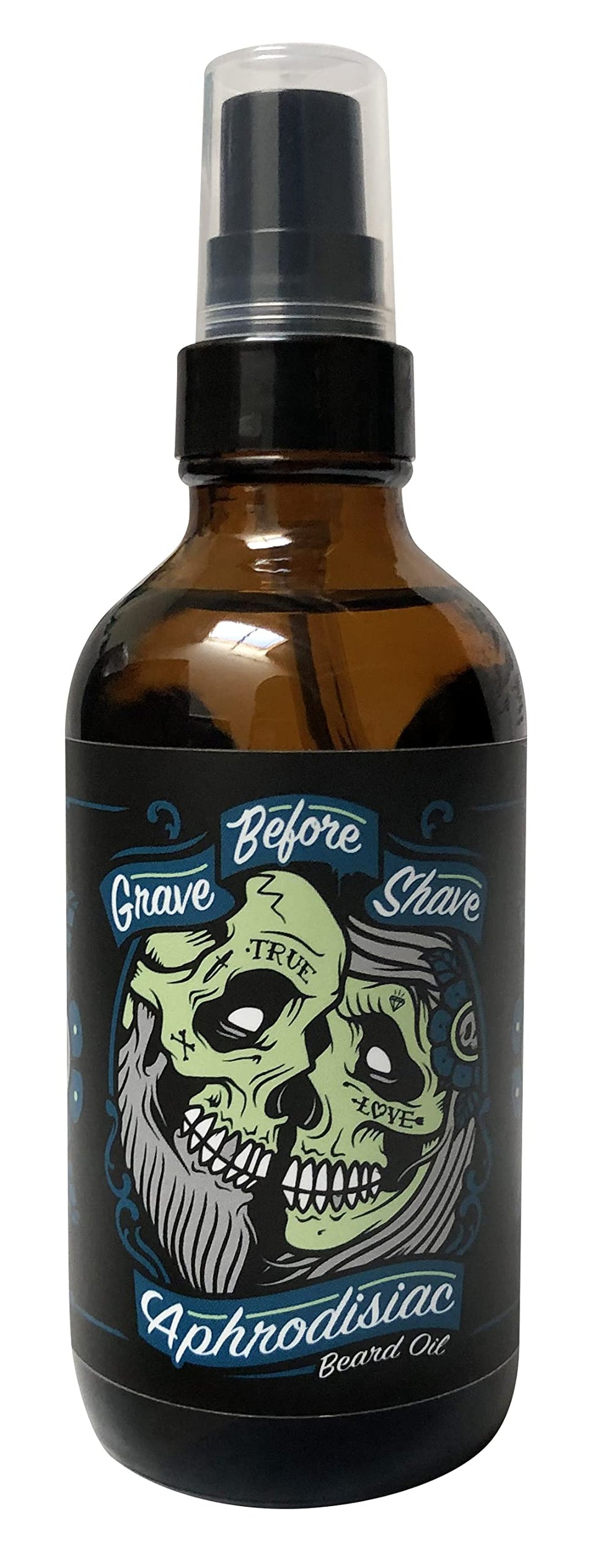 Grave Before Shave leather-cedarwood beard oil bottle with pump for easy daily grooming.