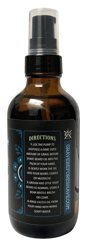 Grave Before Shave beard oil on wood surface ideal for everyday beard care.
