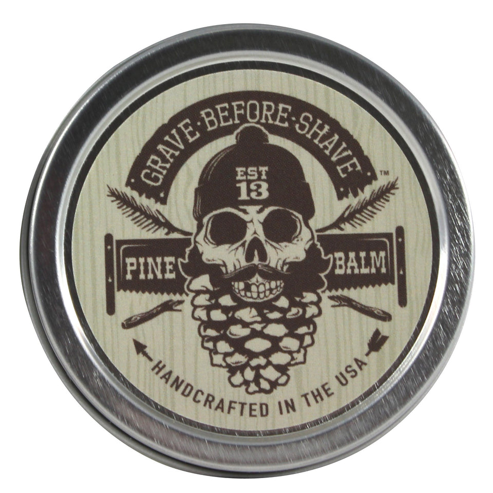 Grave Before Shave Pine Scent Beard Balm tin shows pine and cedar notes for a tamed beard
