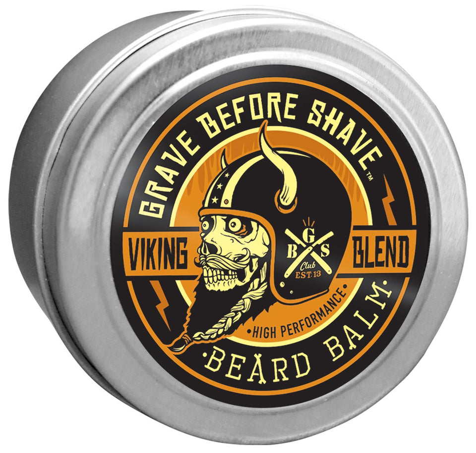 Grave Before Shave Viking Blend Beard Balm tin front view, unscented conditioning for a tame beard