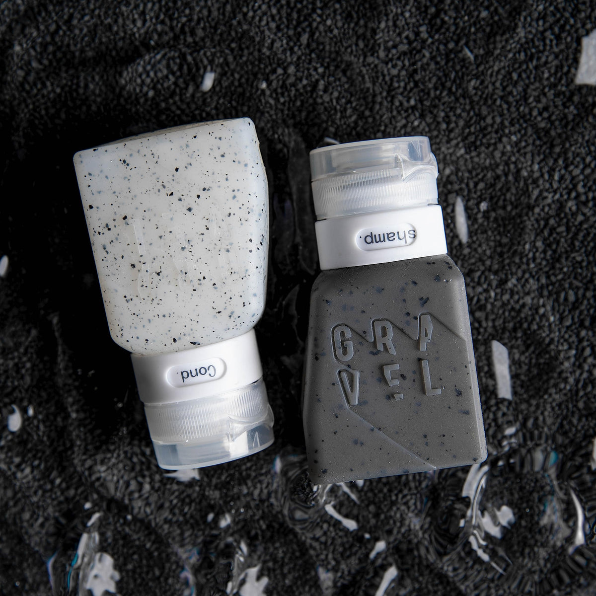 Gravel compact liquid travel containers designed for light packing.