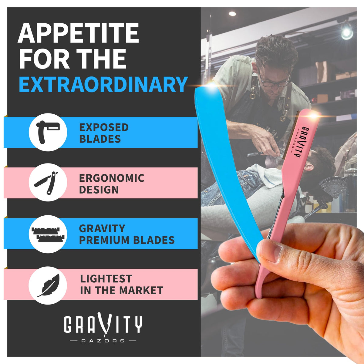 GRAVITY RAZORS exposed 2mm blade for clear visibility and precise cuts.