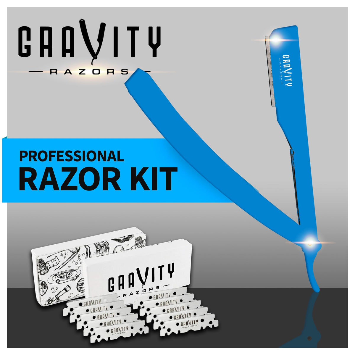 GRAVITY RAZORS blue handle offers ergonomic grip for easy shaving.