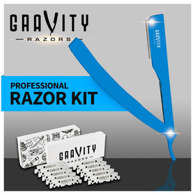 GRAVITY RAZORS blue handle offers ergonomic grip for easy shaving.