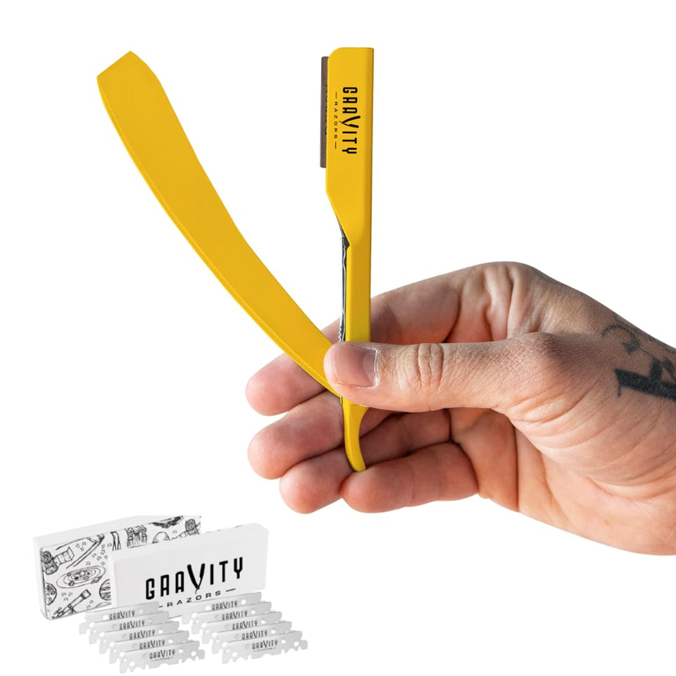 GRAVITY RAZORS professional straight razor kit yellow with 2mm exposed edge for precise shaving