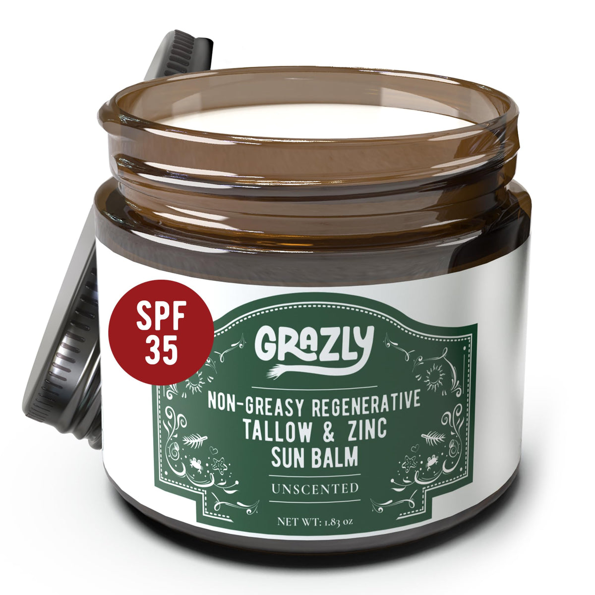 Grazly Beef Tallow Sunscreen jar front shows SPF 35 protection and unscented formula.