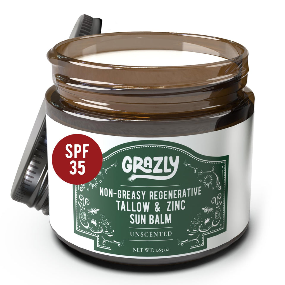 Grazly Beef Tallow Sunscreen jar front shows SPF 35 protection and unscented formula.