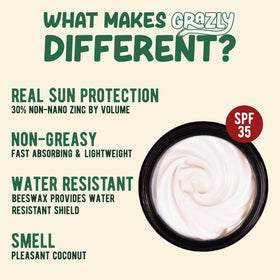 Grazly Sunscreen label close-up highlights non-nano zinc oxide for sun defense.