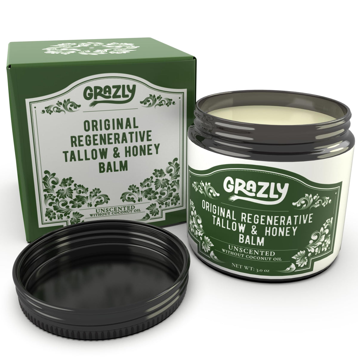 Grazly Original Beef Tallow Manuka Honey Balm jar for deep hydration and barrier support.