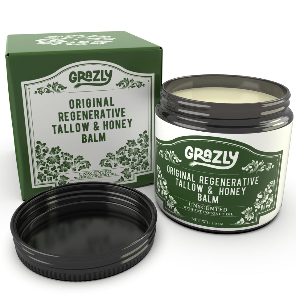 Grazly Original Beef Tallow Manuka Honey Balm jar for deep hydration and barrier support.