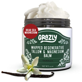 Grazly whipped beef tallow balm with Dead Sea magnesium flakes nourishes the skin.