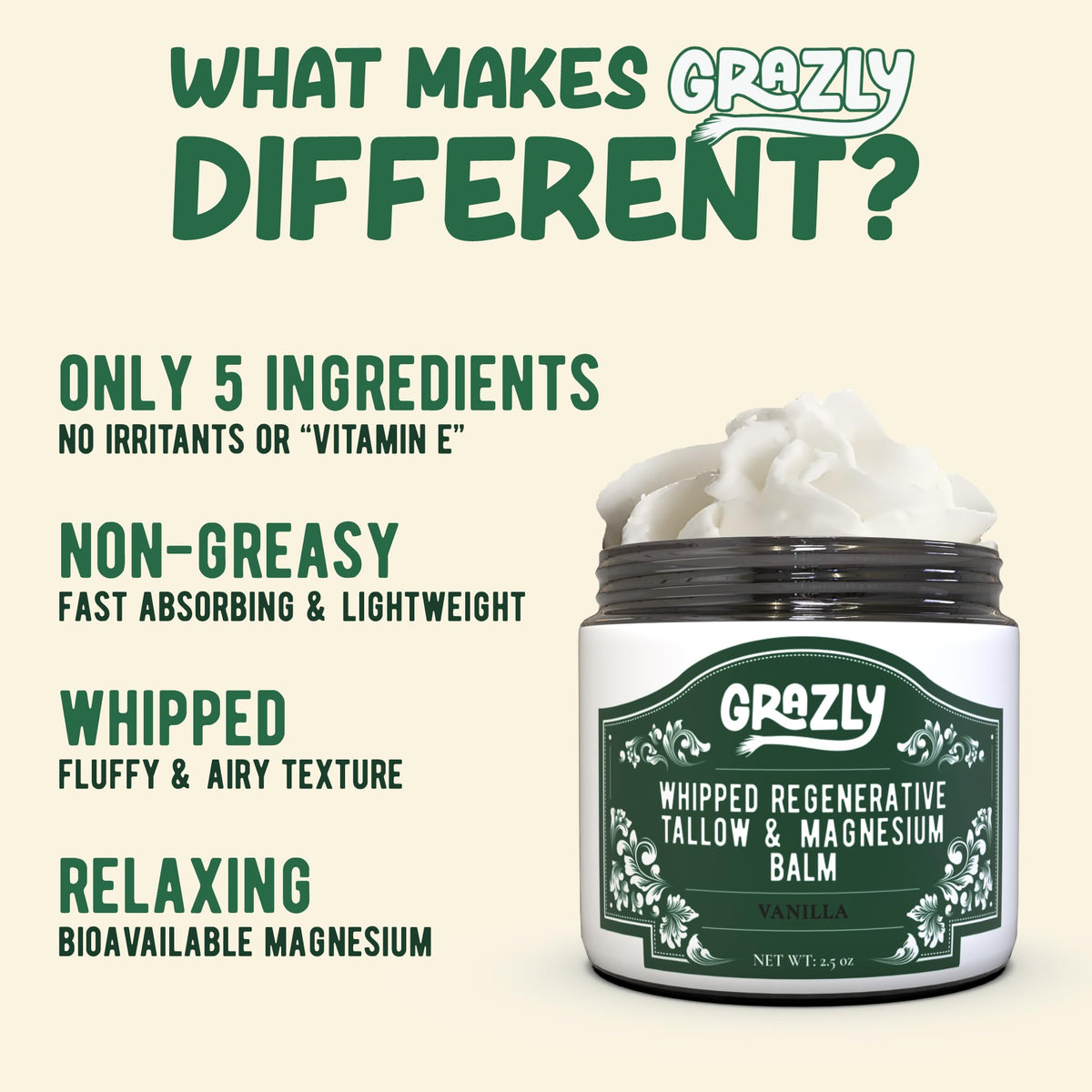 Grazly whipped beef tallow balm with jojoba oil for lightweight, non-greasy moisture.