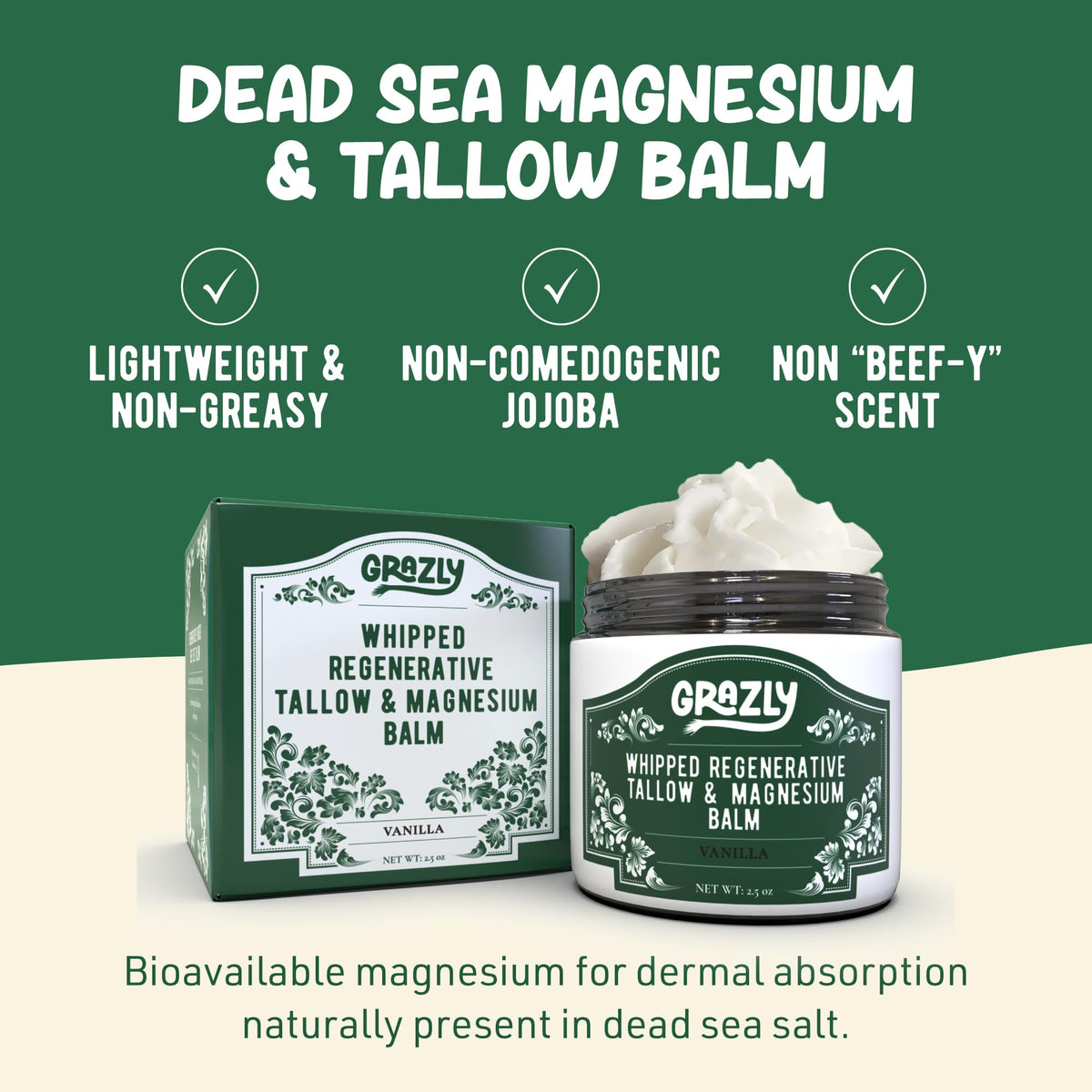 Grazly whipped beef tallow balm with Manuka honey for gentle skin nourishment.