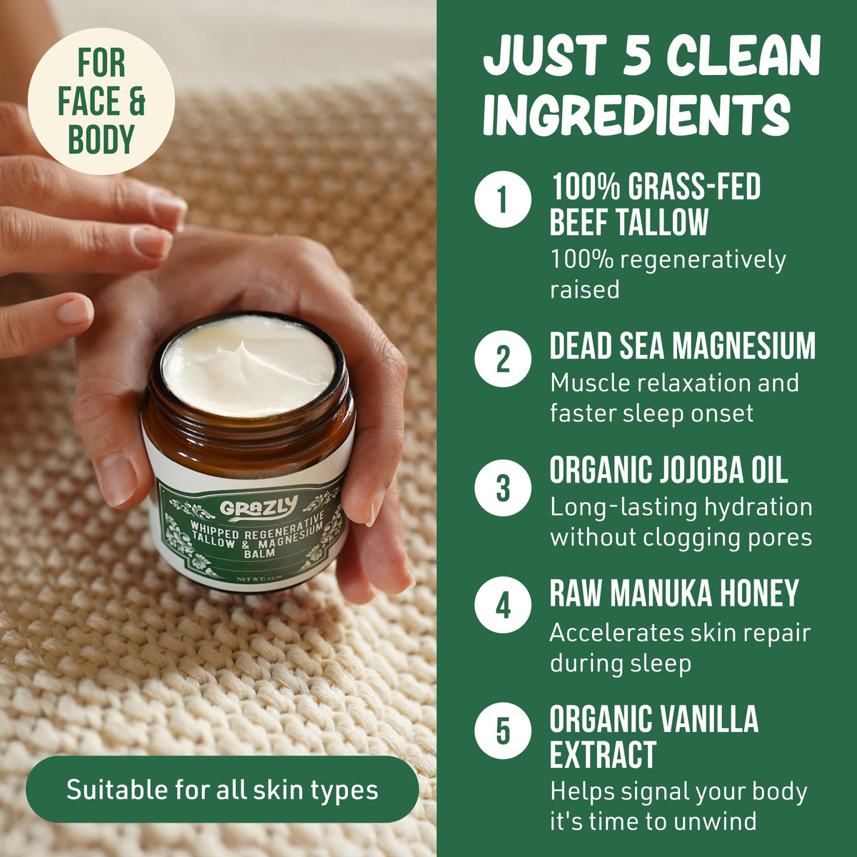 Grazly whipped balm delivers deep skin hydration for dry areas like elbows and hands.