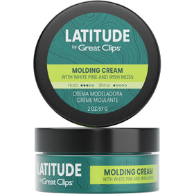 Great Clips Latitude molding cream bottle with sleek packaging for long-lasting natural hold.