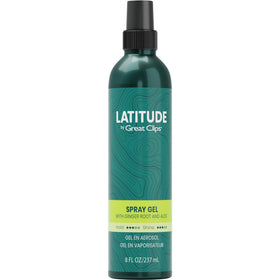 Great Clips Latitude Spray Gel bottle offers lasting hold with natural shine.