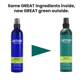 Great Clips Latitude Spray Gel applied to damp hair for flexible control.
