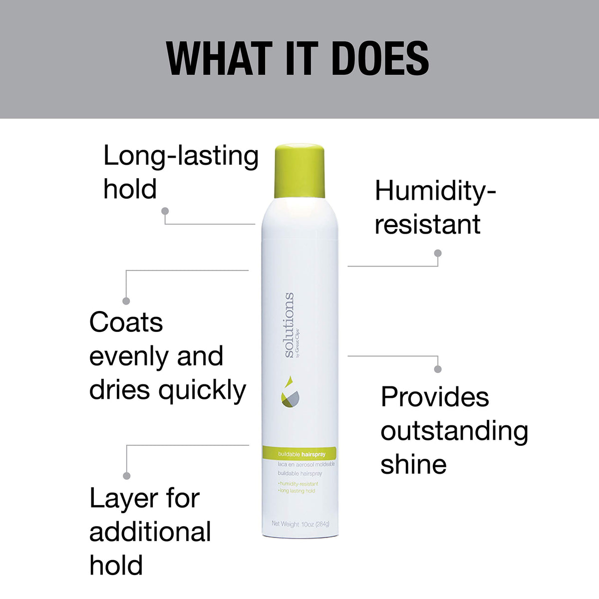 Great Clips Solutions Buildable Hairspray strong hold without stiffness.