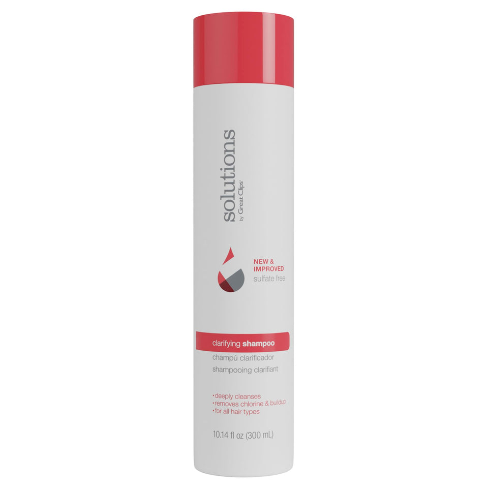 Great Clips Solutions Clarifying Shampoo bottle front, buildup removal for all hair types.