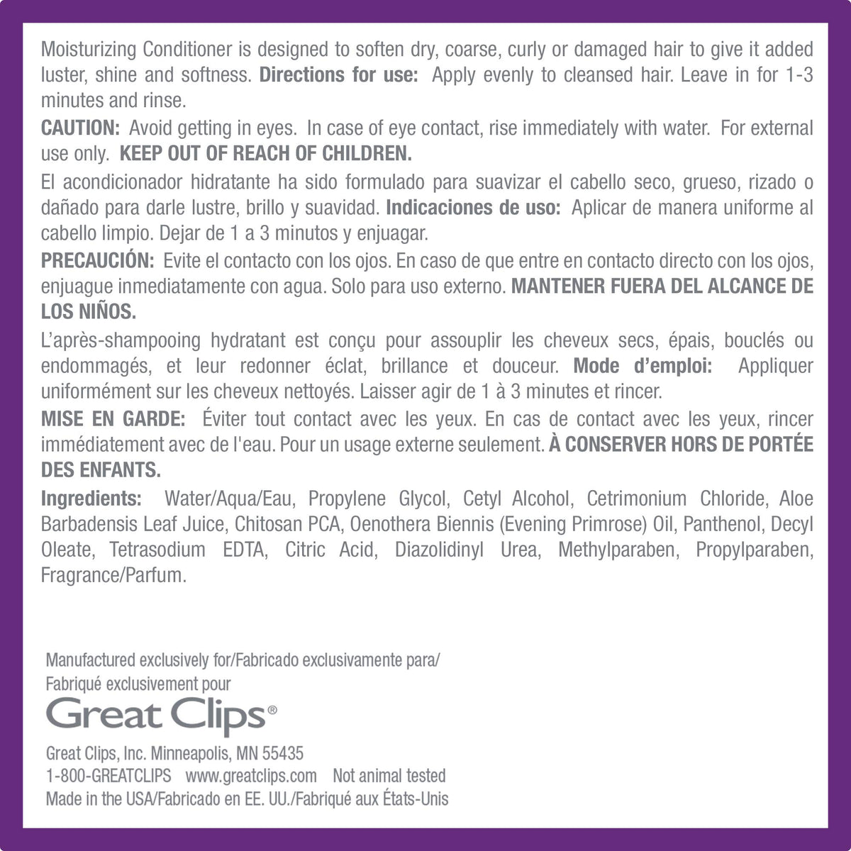 Packaging of GREAT CLIPS Solutions Moisturizing Conditioner.