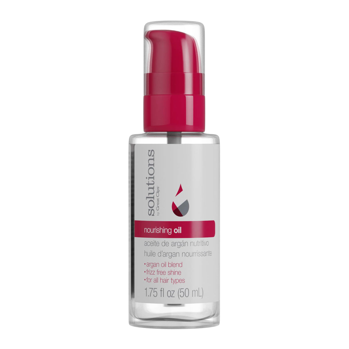 GREAT CLIPS Nourishing Oil bottle shows argan blend for hair and skin hydration.