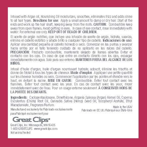 GREAT CLIPS Nourishing Oil frizz-control close-up demonstrates smooth, protected hair.