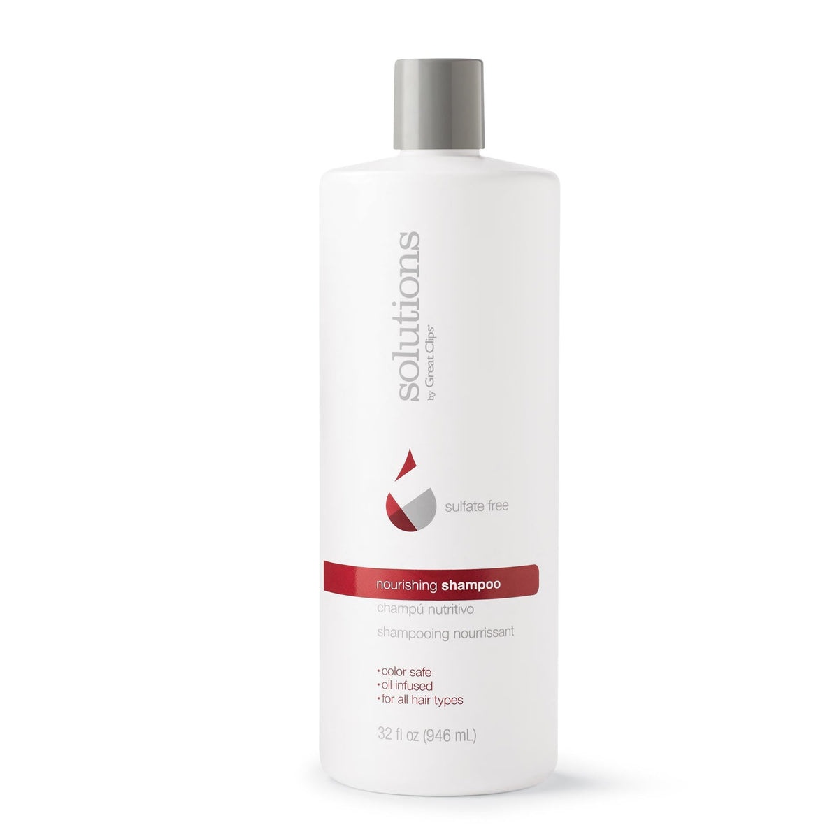 Great Clips Solutions Nourishing Shampoo bottle with argan oil for color-safe moisture.