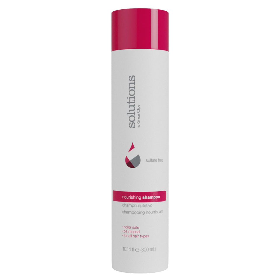 GREAT CLIPS Solutions Nourishing Shampoo bottle highlights argan oil for color-safe cleansing
