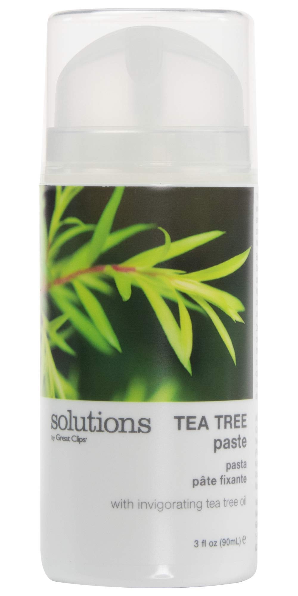 Great Clips Solutions Tea Tree Paste bottle pour for quick salon-like finish with peppermint.