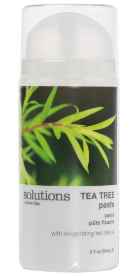 Great Clips Solutions Tea Tree Paste bottle pour for quick salon-like finish with peppermint.
