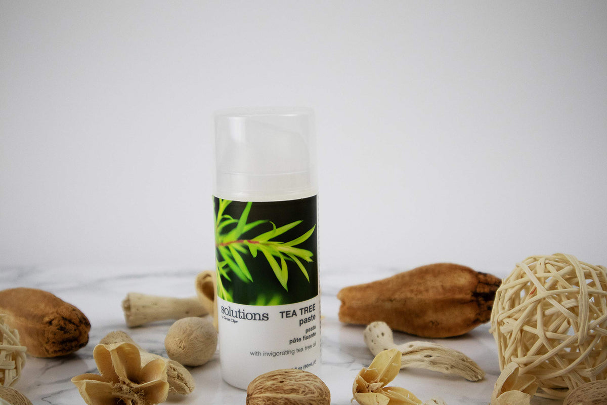 Great Clips Solutions Tea Tree Paste hand-application for dry or damp hair with high shine.