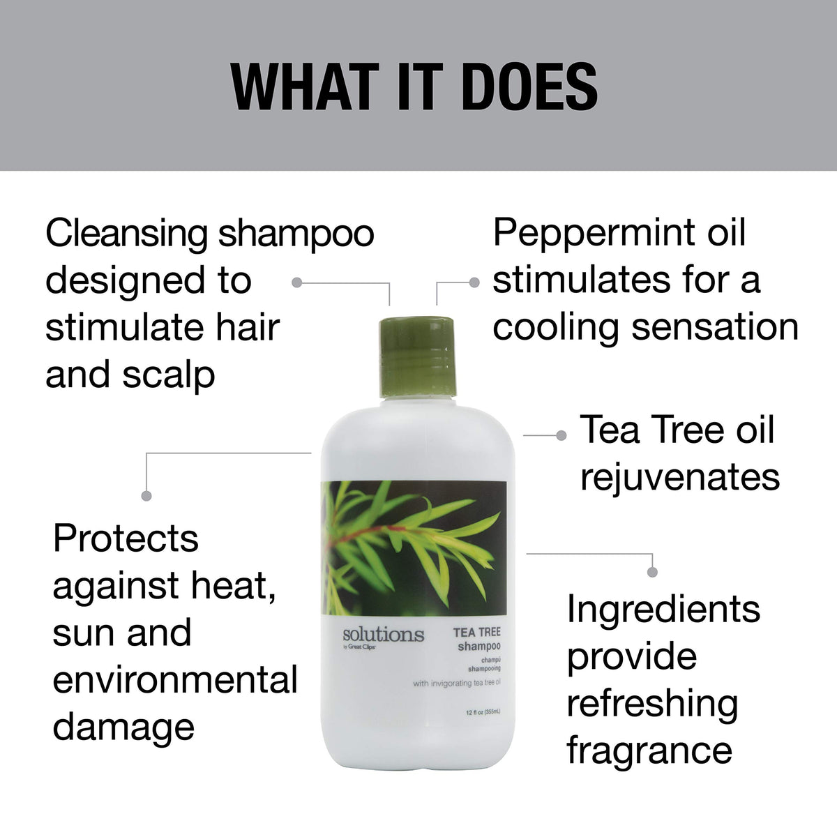 GREAT CLIPS Tea Tree Shampoo scalp care shown with a soothing minty feel