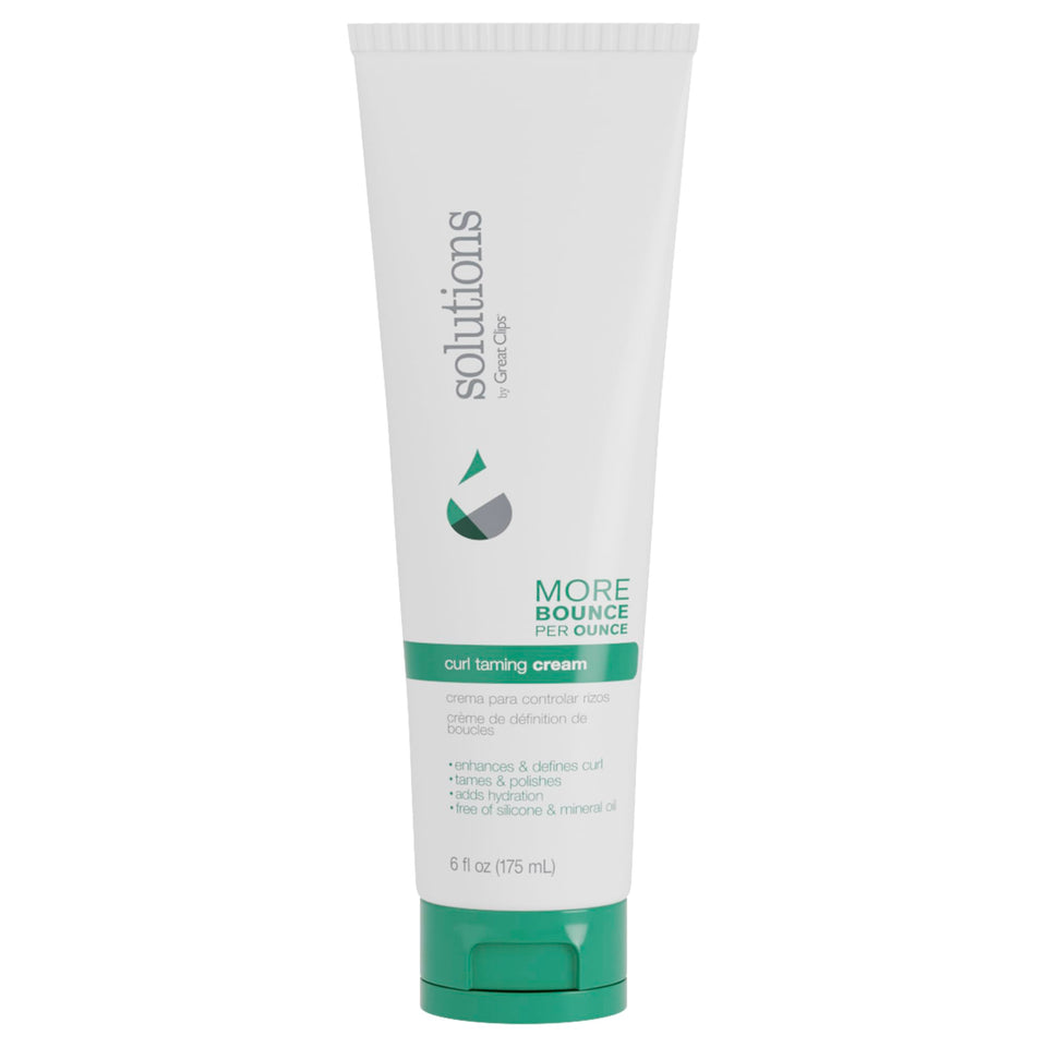 Great Clips Solutions Curl Taming Cream bottle demonstrating hydration and defined curls
