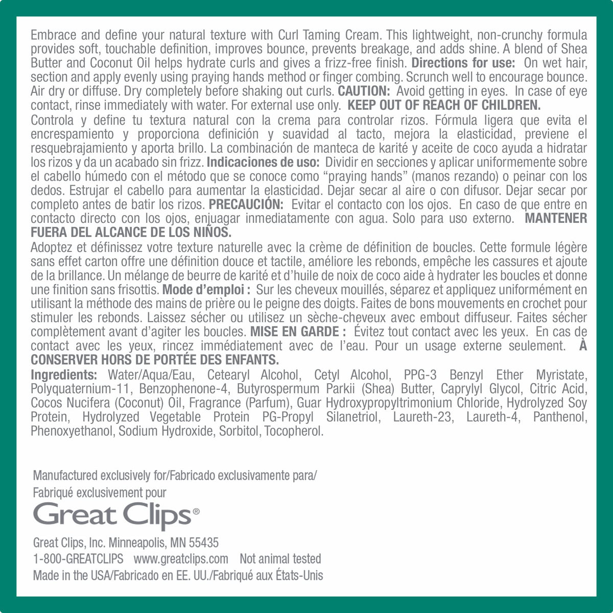 Great Clips Solutions Curl Taming Cream packaging highlighting silicone-free formula for frizz control