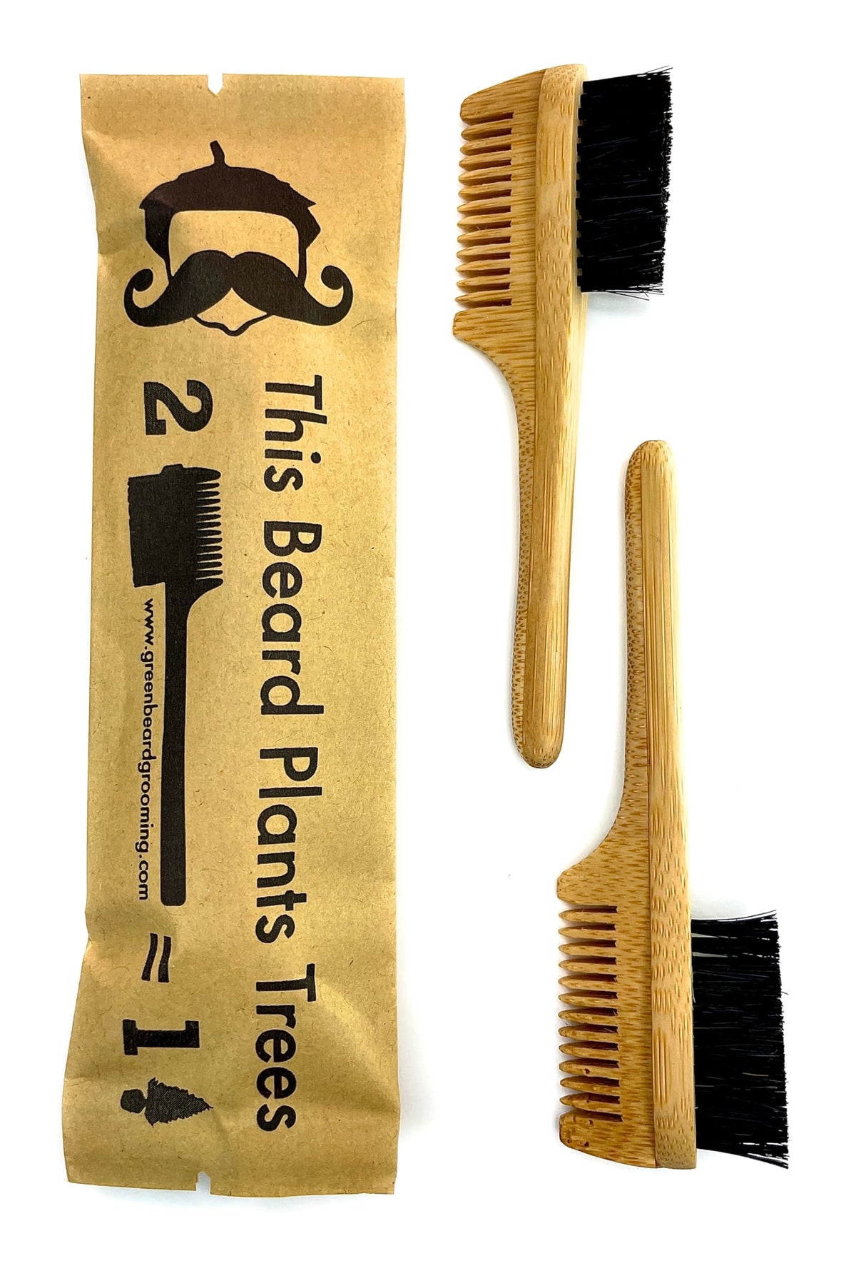 Green Beard Grmng 2-in-1 sapling mustache brush for precise touch-ups with boar bristles.