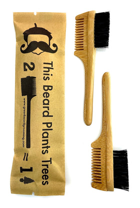 Green Beard Grmng 2-in-1 sapling mustache brush for precise touch-ups with boar bristles.