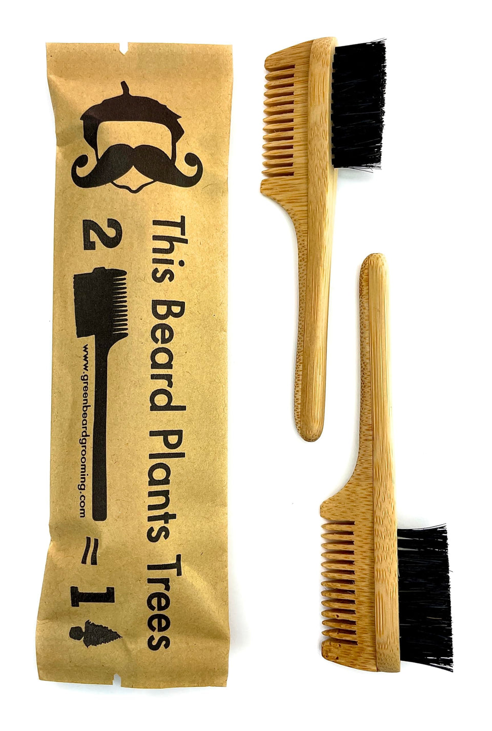 Green Beard Grmng 2-in-1 sapling mustache brush for precise touch-ups with boar bristles.