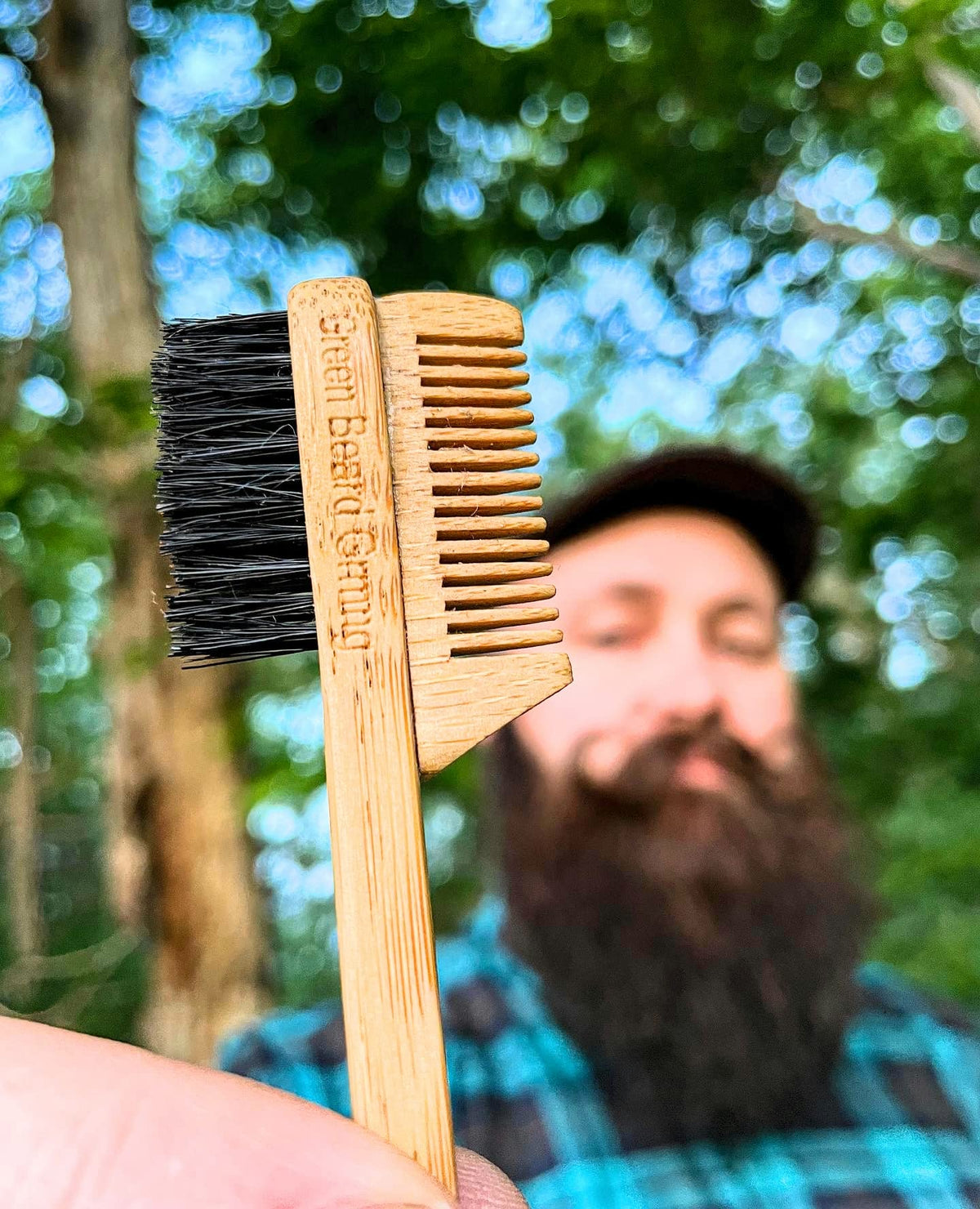 Green Beard Grmng bamboo handle close-up highlighting sustainable grip.