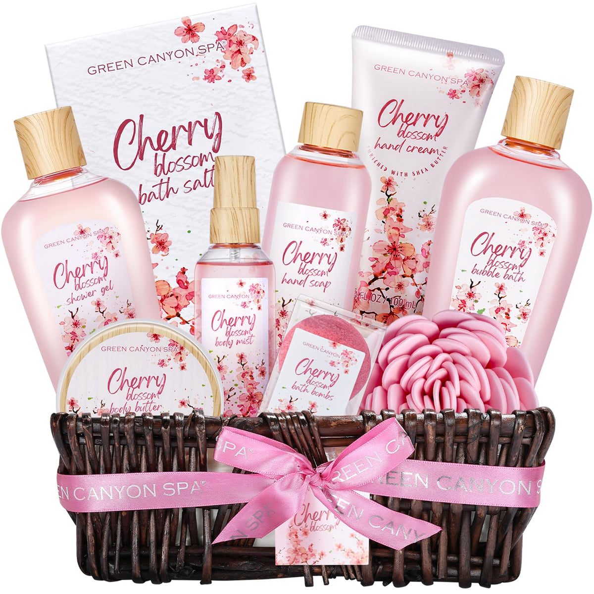 Green Canyon Spa cherry blossom gift basket with complete spa set for gifting